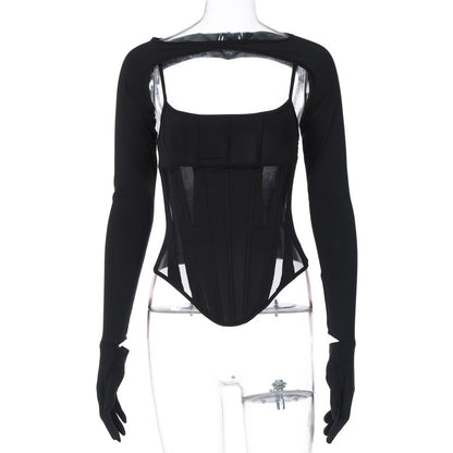 Women Clothing Autumn Sexy Slim Strap Tube Top Long Sleeve Finger Stall Overclothes Suit