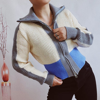 Office Slim-Fit Double Zipper Color Contrast Patchwork Turtleneck Long Sleeve Sweater Cardigan Women