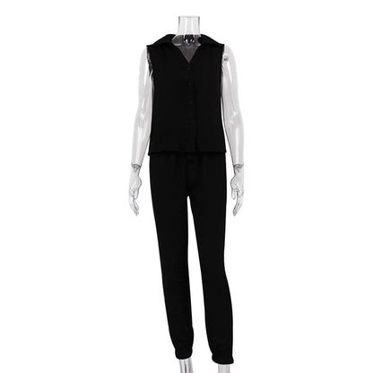 Women Clothing Early Spring Casual Solid Color Sleeveless Shirt High Waist Trousers Suit Women Two Piece Suit