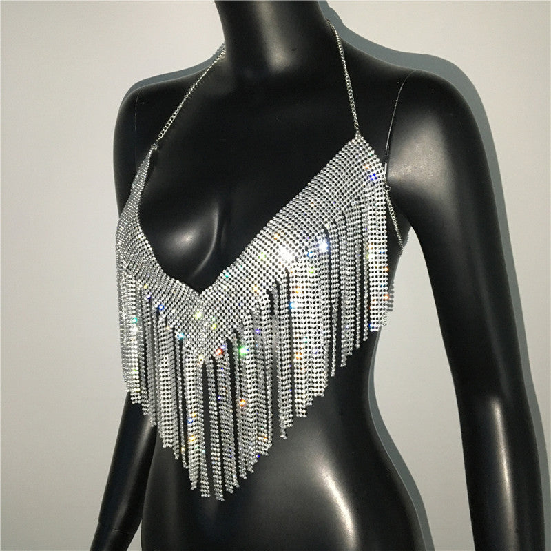 Ropa de mujer Top de diamantes de imitación de metal Traje sexy de fiesta con diamantes de imitación Club nocturno Sexy Sling