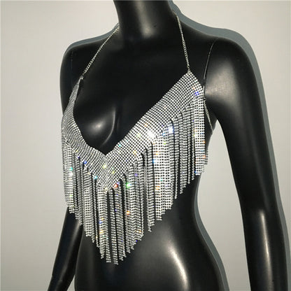 Women Clothing Metal Rhinestone Top Sexy Party Sexy Suit Rhinestone Nightclub Sexy Sling