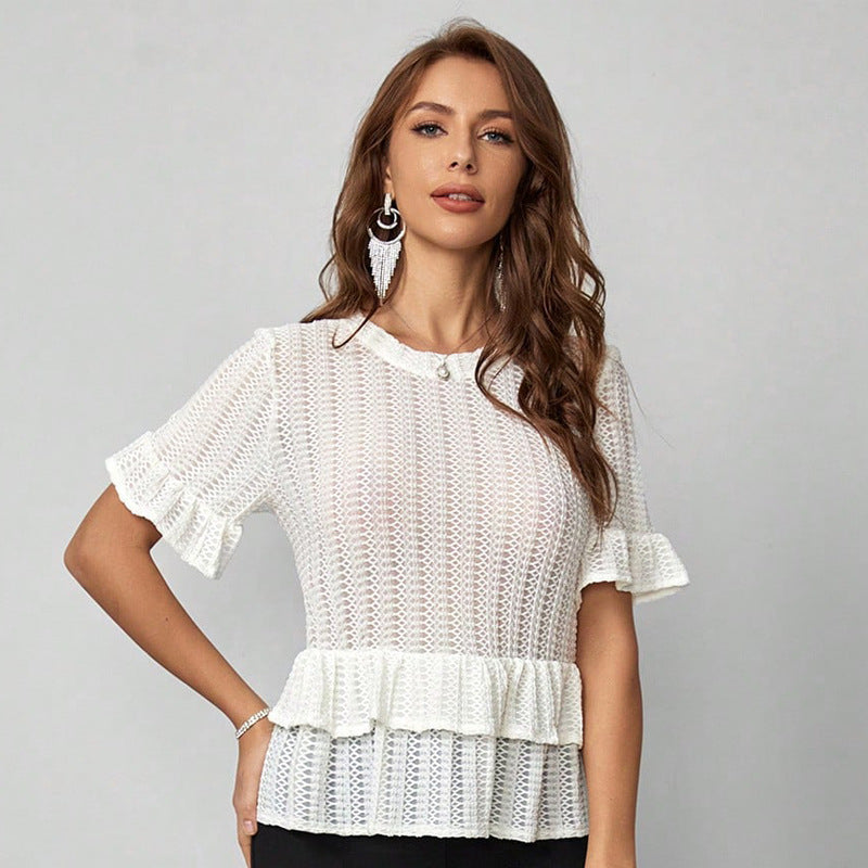 Middle East White Ruffled round Neck Short Sleeve Hollow Out Cutout Sun-Protective Clothing Knitted T Shirt Short Top