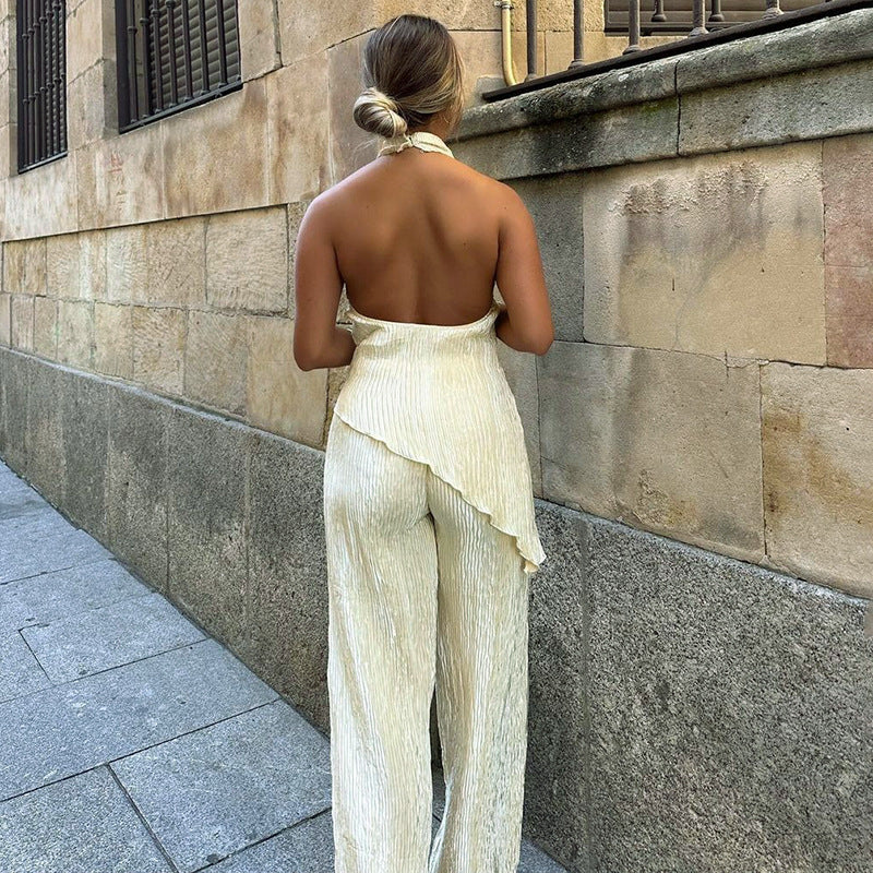 Frauen Kleidung Sommer Ärmelloses Einfarbig Rückenfreies Top Hohe Taille Casual Hosen Set