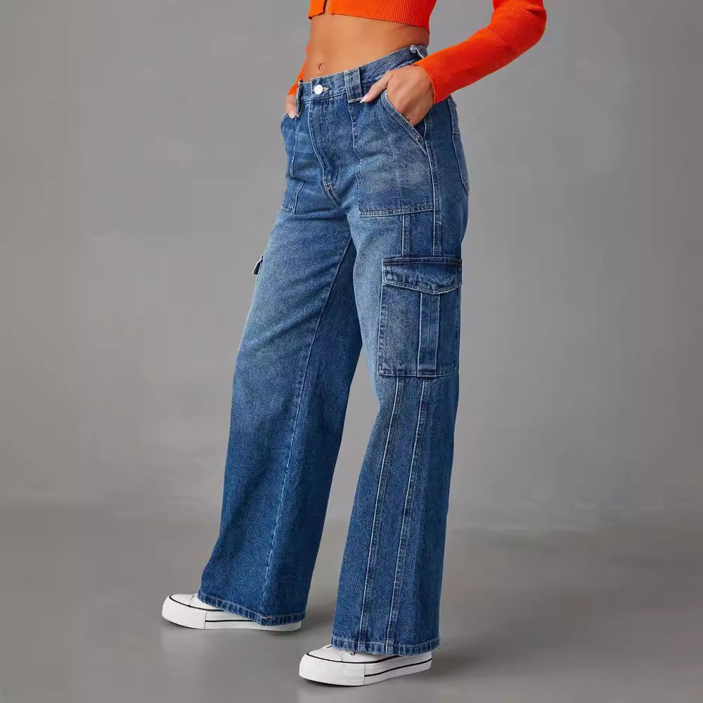 Y2g Multi Bag Jeans para mujer Pantalones rectos de cintura alta lavados pantalones vaqueros sueltos