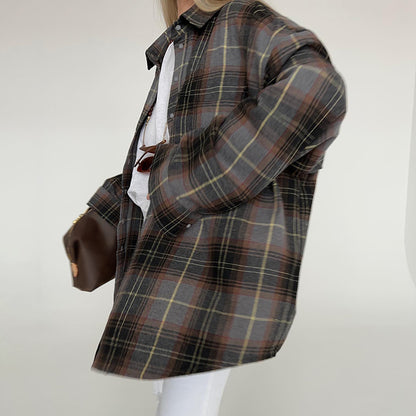 Loose Polo Collar Long Sleeve Plaid Classic Shirt Spring Summer Polyester Cotton All Matching Cardigan Shirt