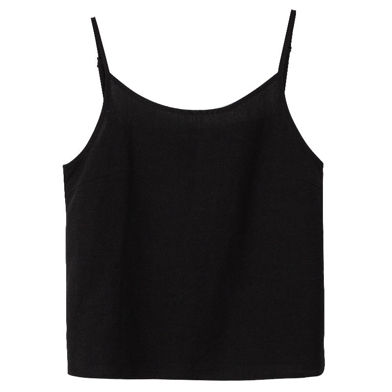 Camisola de ramio para mujer, ropa interior de primavera y verano, base de lino y algodón, nicho que se puede usar con cuello redondo, sin mangas, top de lino y algodón