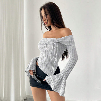 Women Clothing Adult Lady like Woman Elegant Boat Neck T shirt Autumn Winter Bell Sleeve Short Cropped Top