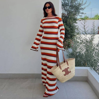 Striped Contrast Color Beach Vacation Sexy Dress Knitted Hollow Out Cutout Maxi Dress Blouse Summer Women