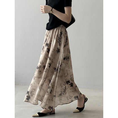 Retro National Ink Blooming Printed Skirt Summer Elastic Waist Long Skirt