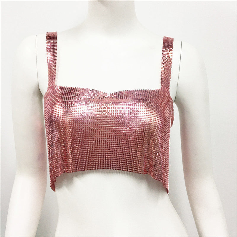 Ropa de mujer Chaleco de lentejuelas de metal Sexy Fiesta Discoteca Dulce Picante Lentejuelas Sling