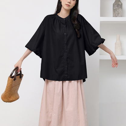 Japanisches Kurzarmhemd Damen Sommer All-Matching Lazy Loose Puffärmel Einfarbiges Hemd