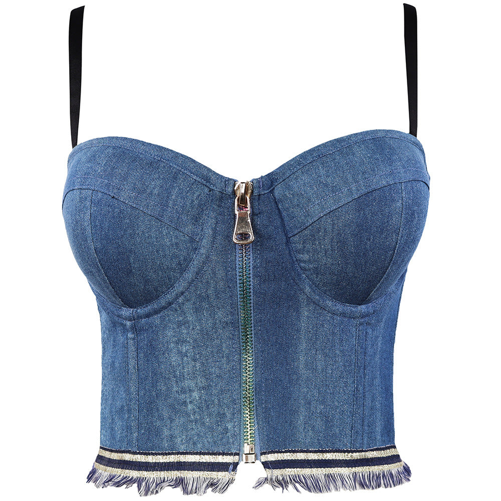 Street Cool Outer Wear Sling Backless Stretch Denim Zipper Vest Sexy Body Shaping Top Tube Top