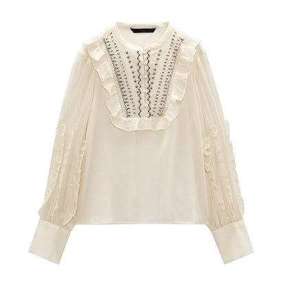 Summer Women High Grade Long Sleeved Round Neck Translucent Loose Embroidered Shirt