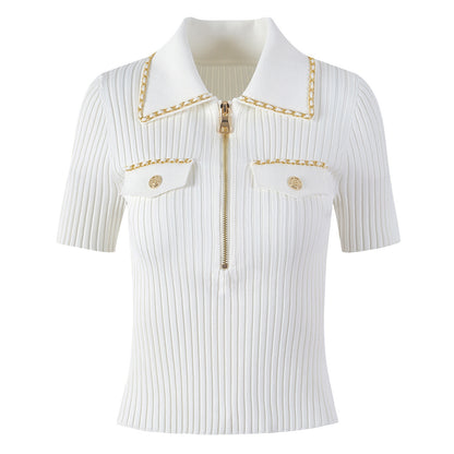 Summer High Quality Knitwear Short Sleeve Collared Cardigan Top All Match Women