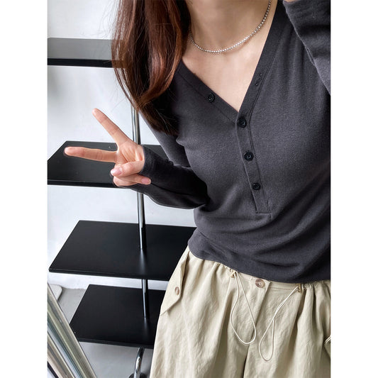 Simple Buttons V neck Inner Wear Long Sleeve T shirt Soft Glutinous Slim Fit Slimming Knitted Bottoming Shirt for Women