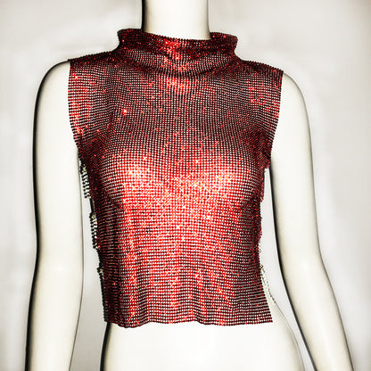 Ropa de mujer Chaleco con diamantes completos Cuello alto de lujo Top con diamantes de imitación Chaleco sexy para discoteca sexy