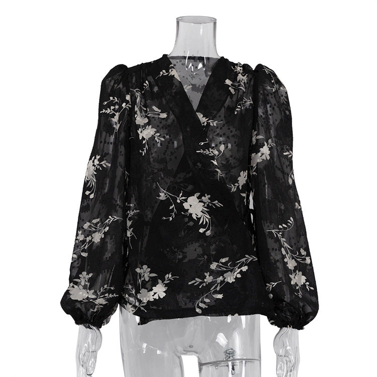 Ropa de mujer Primavera/Verano Camisa de gasa con efecto drapeado con cuello en V y manga farol transparente sexy