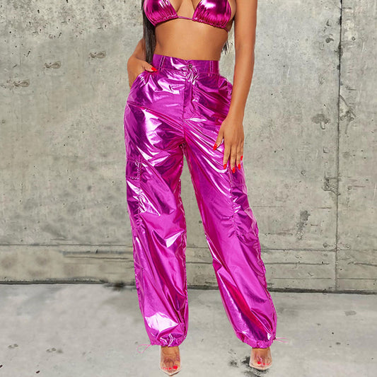 Metallic Coated Fabric Glossy Trousers Christmas Bright Color Stretch Leather Zipper Ankle Banded Slacks Women