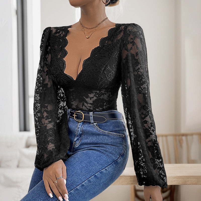 Tight Sexy Long Sleeve Solid Color V Neck Lace Jumpsuit