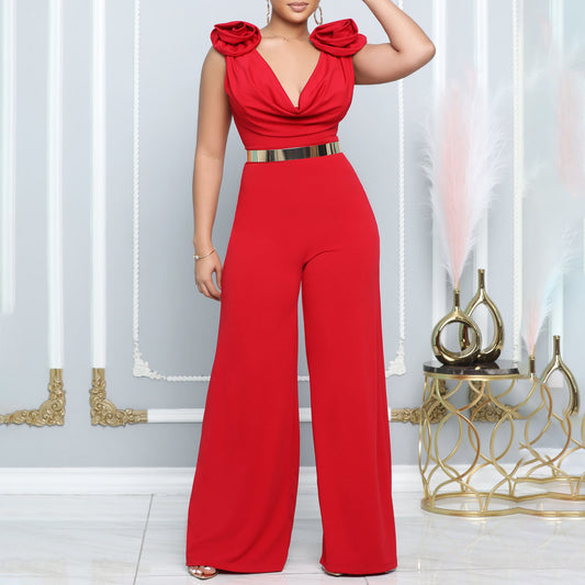 Women Clothing V Neck Sexy Wide Leg Pants Solid Color Turtleneck Sleeveless Fitted Waist Jumpsuit