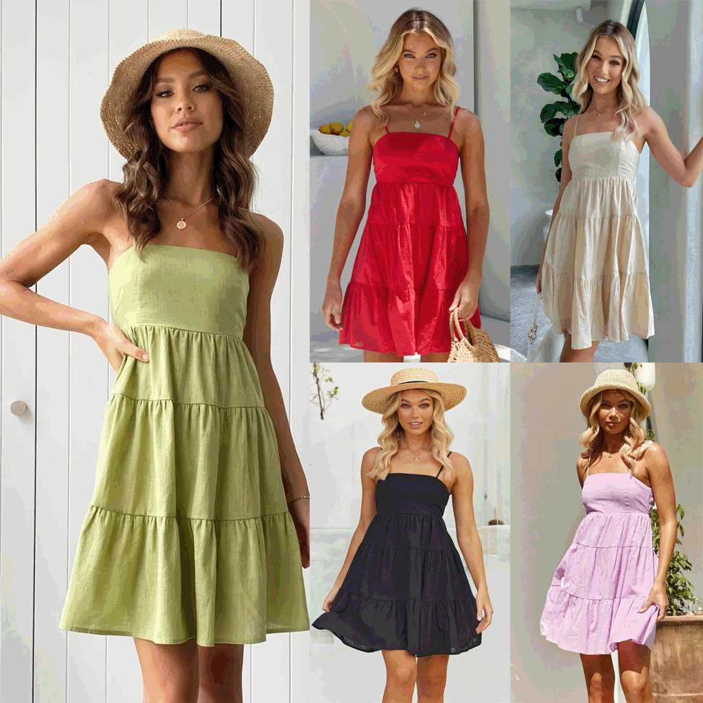 Sommerkleid Sommer Frühling Sommer Einfarbig Frisch Süß Spaghettiträger Kurzes Kleid