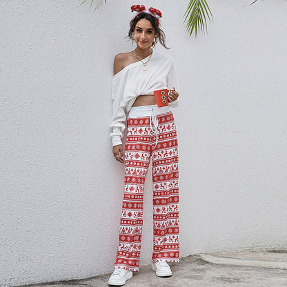 Women Clothing Lace-up Casual Trousers Loose Lace-up Christmas Printed Pants