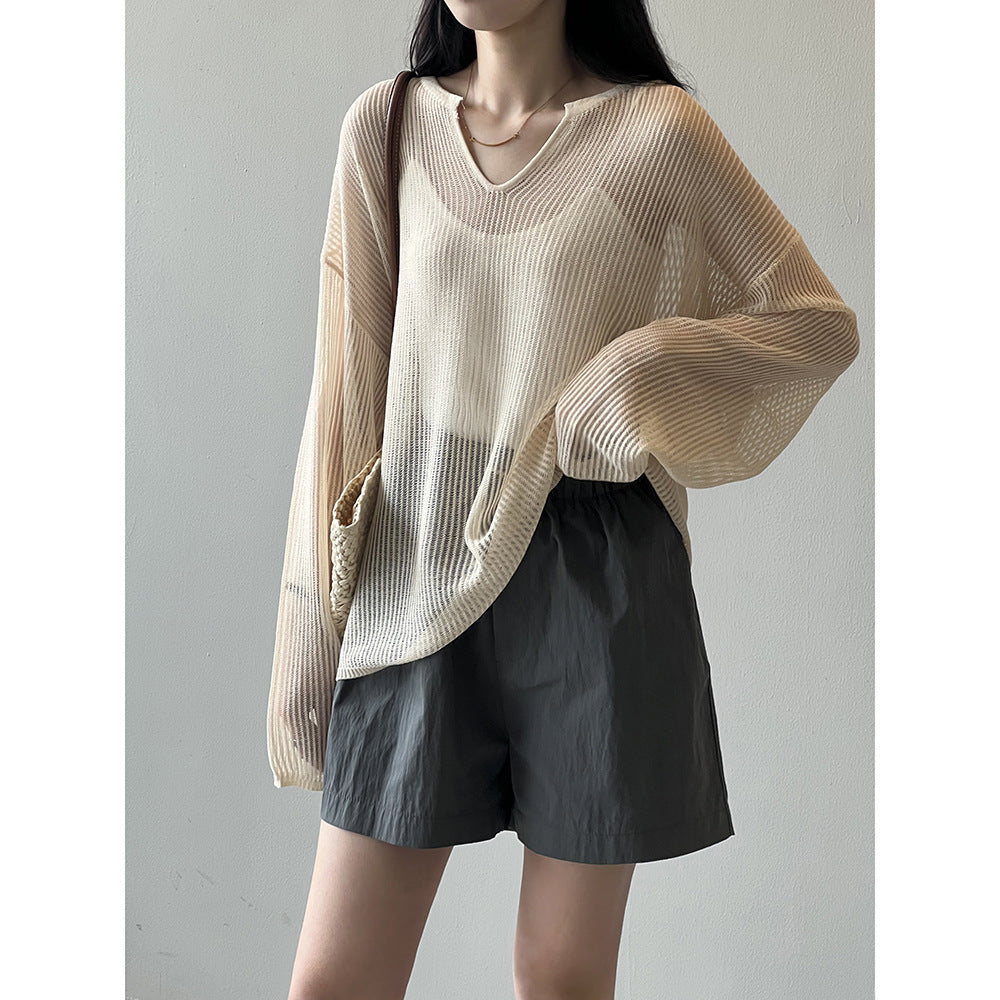 Sun Protection V Neck Sweater Blouse Women Summer Thin Slightly Transparent Hollow Out Cutout T Shirt Top