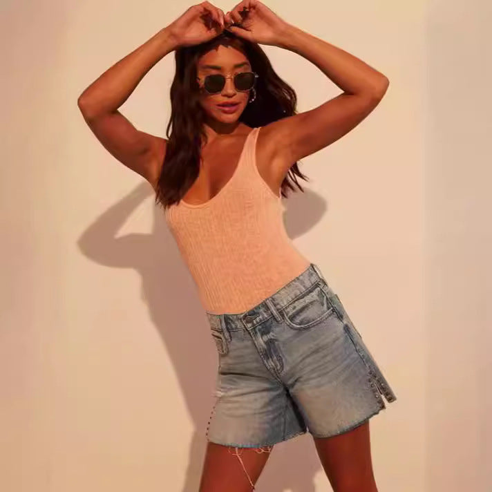 Retro High Waist Side A Linie Denim Shorts Frauen Schlankheits dekorative Hose für Mädchen