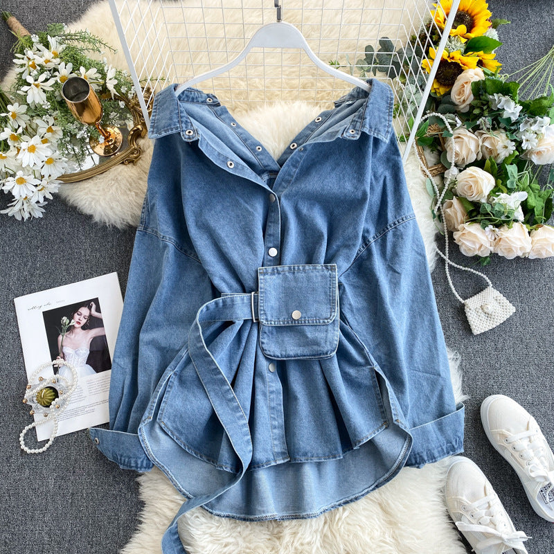 Women Clothing Design Lace up More than Fitted Waist Backless Wear Bag Denim Shirt Women