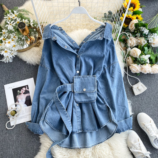 Frauen Kleidung Design Schnürung Mehr als taillierte Taille Rückenfrei Tragen Tasche Denim Shirt Frauen