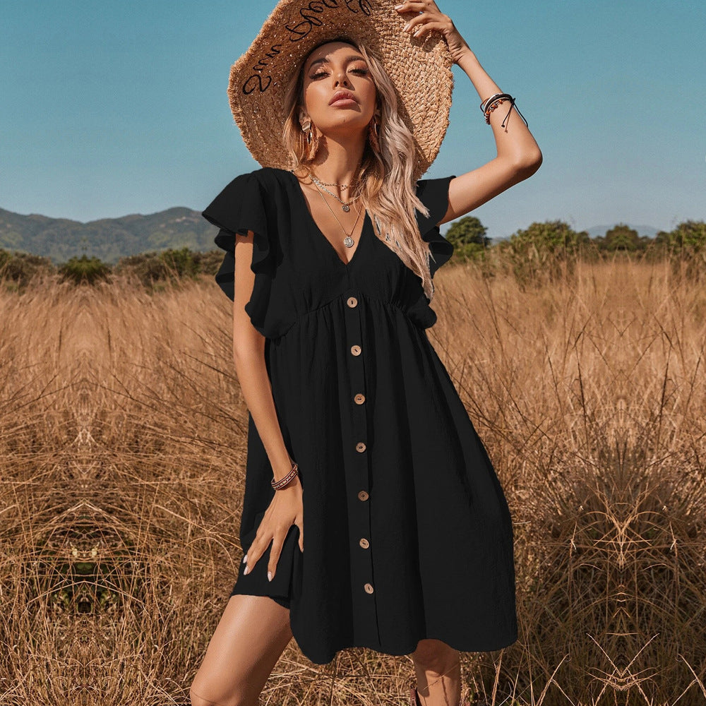 Vestido pastoral todo fósforo con cuello en V y una hilera de botones para mujer