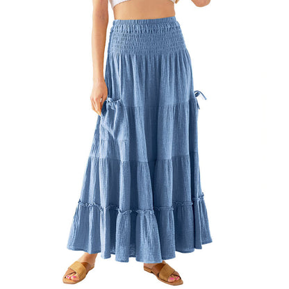 Women Ultra Long Bohemian Dress Summer Elegant Renaissance Pocket Cotton Double Layer Gauze Skirt