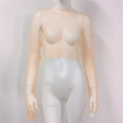 Fishnet T-Shirt Mesh Strass Langarm Top Sexy Strass Fishnet Kleidung Damen