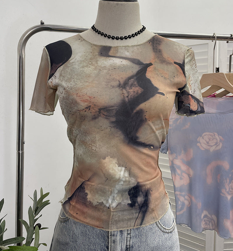 Popular camiseta de manga corta ajustada con estampado teñido anudado de malla fina de una sola capa para mujer, top sexy corto de verano