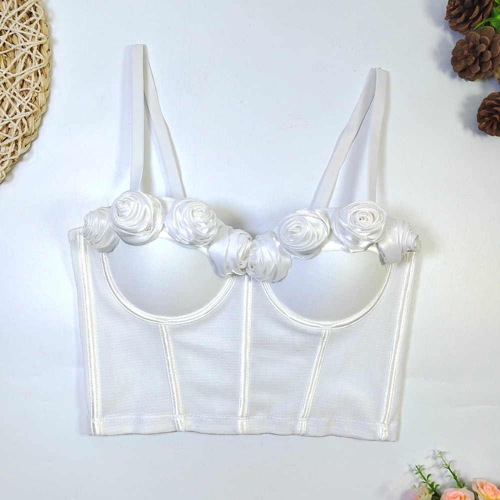 Französisches Design, handgefertigt, mit Rosenblütenmuster, Tube-Top, Oberbekleidung, Netzstoff, Beauty-Back, Unterwäsche mit integrierten festen Körbchen, Korsett-Schlinge