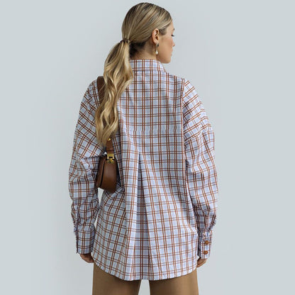 Frauen Herbst Langarm Plaid Shirt Retro Alle Passenden Kragen Lose Hemd