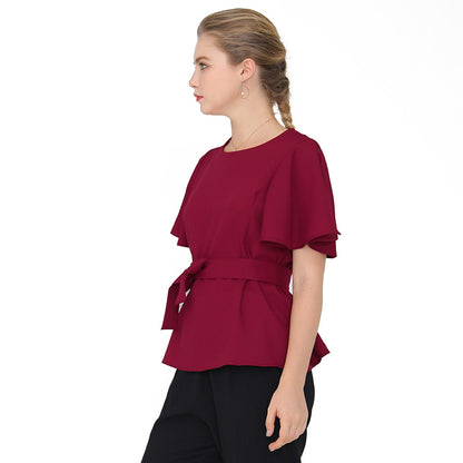 Spot Plus Size Women Clothing Spring Summer Waist Lace-up Solid Color Flying Sleeves