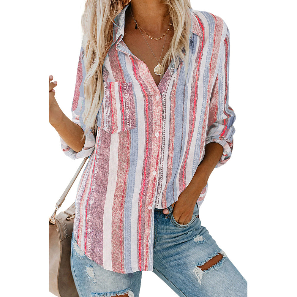 Striped Shirt Women Autumn Collared Single Breasted Long Sleeve Loose Cardigan Top Women