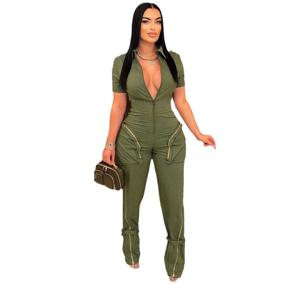 Sexy Summer Zipper Workwear with Pocket Jumpsuit