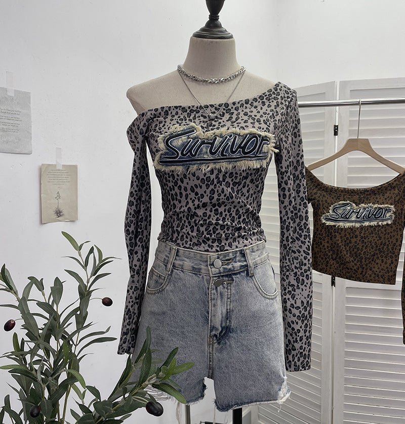 Real Shot Sexy Brief Grafik Patch Leopard Print Langarm T-Shirt Herbst Abnehmen Kurzes Top