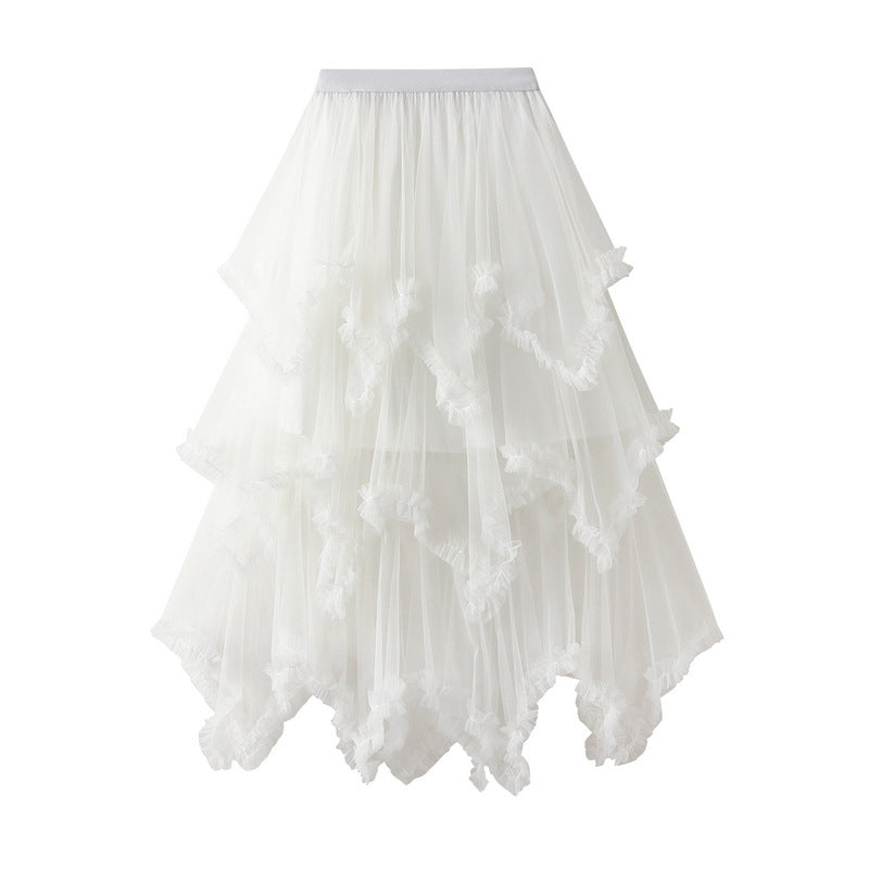 Falda escalonada de malla asimétrica Irregular con orejas de madera, longitud media, cintura alta, gran oscilación, vestido de gasa de hada hinchada, falda larga