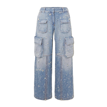 Niche Design Jeans Light Blue Workwear Women Damaged Design High Waist Loose Hole Trousers