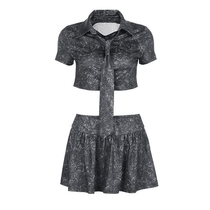 Damen Zweiteiliges Set, gewaschenes Distressed-Shirt, Krawattentop, verkürzt, sexy A-Linien-Rock