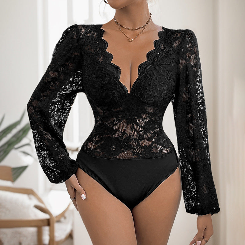 Tight Sexy Long Sleeve Solid Color V Neck Lace Jumpsuit