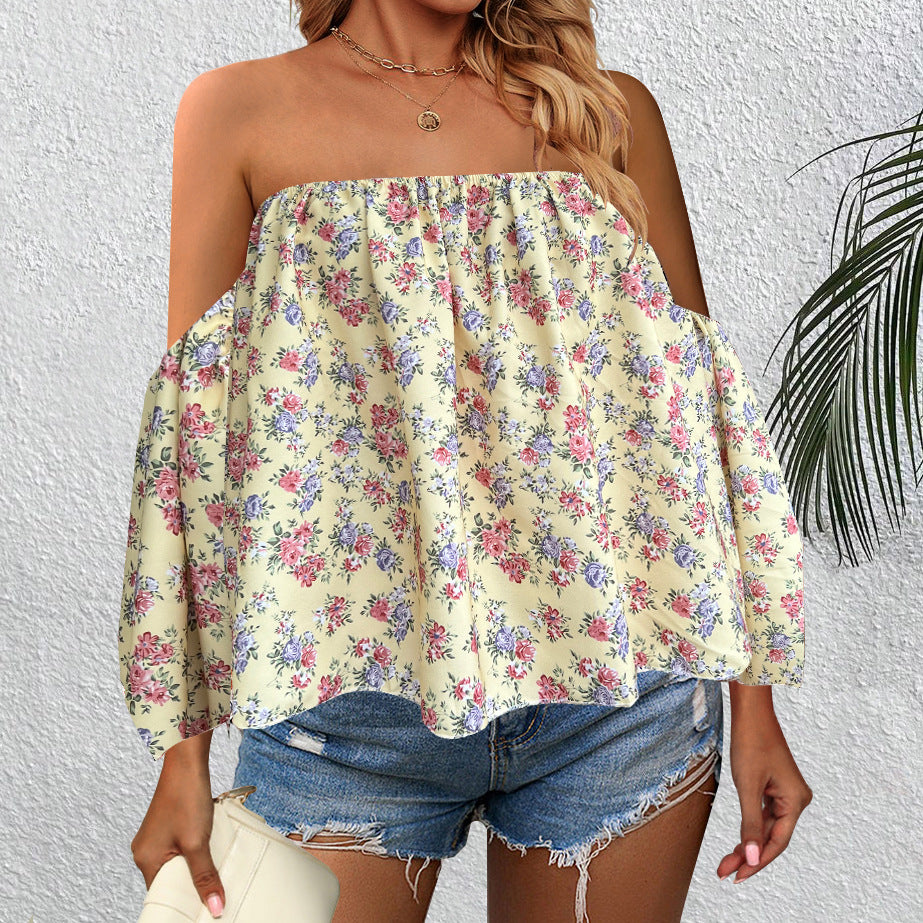 Women Clothing Off Shoulder Printed Shirt Vacation Top