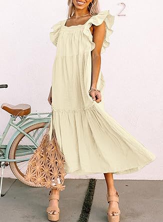 Women Clothing Flying Sleeve Square Collar Off Shoulder Pleated Hem Dress