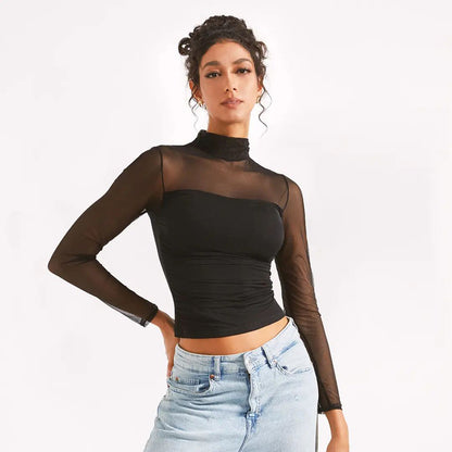 Ropa de mujer Top corto transparente sexy de manga larga con cuello alto y costuras de malla