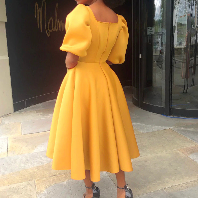 Women Clothes Solid Color Evening Dress Puff Sleeve Dress