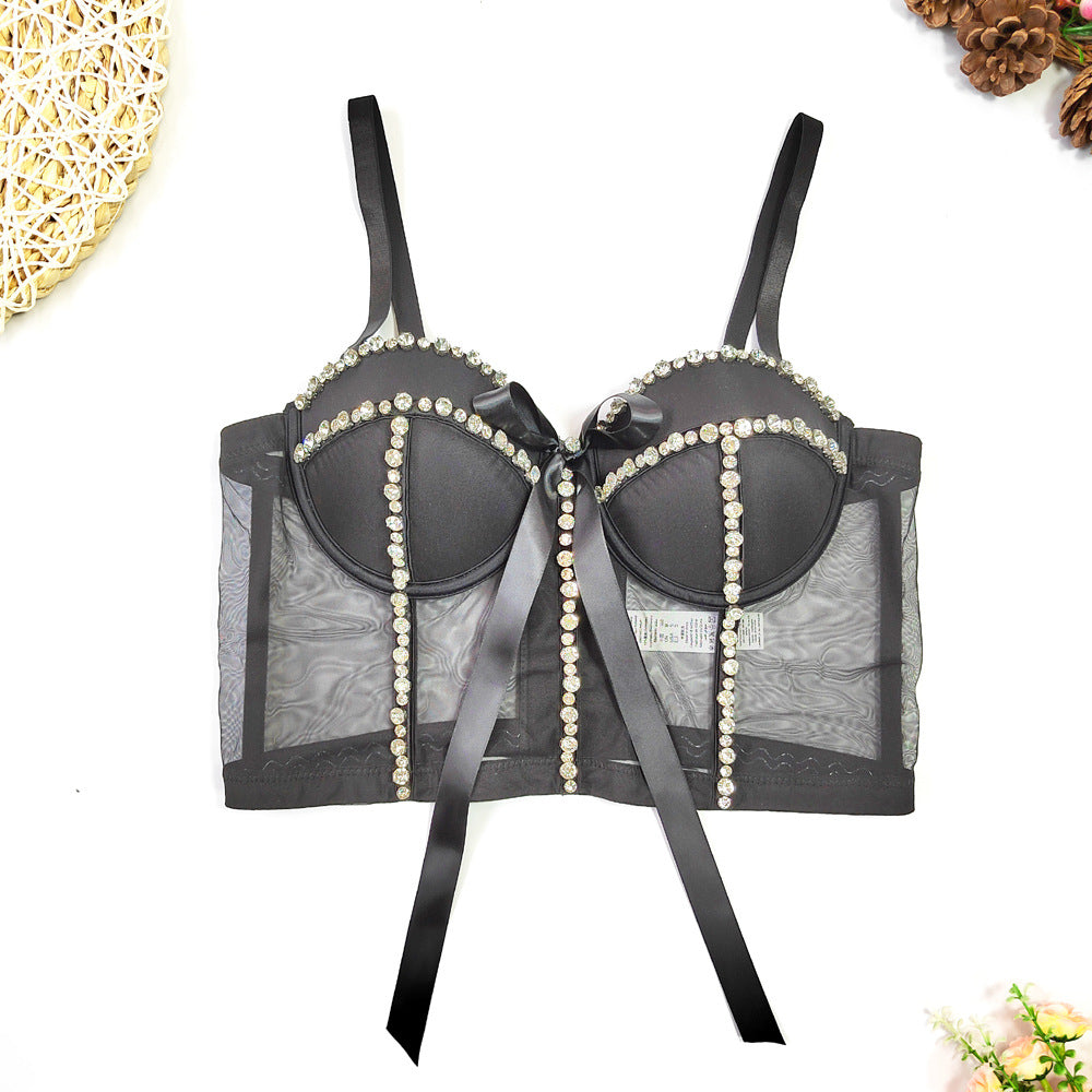 Top de gasa de encaje transparente sexy Top de tubo sin mangas con diamantes ligeros y cuentas Hipster Slim Fit Bow Sling