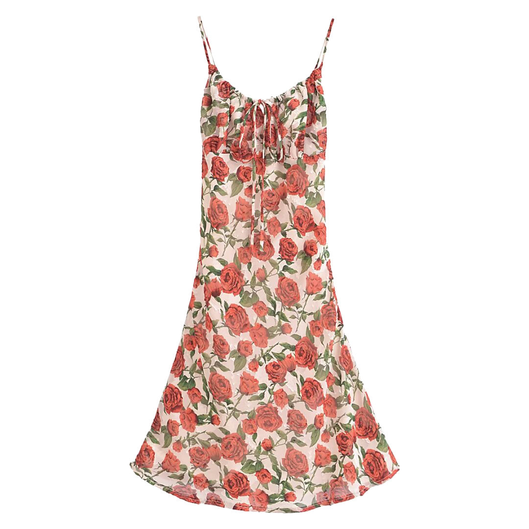 Mini vestido de tirantes con cintura delgada y estampado de jacquard rosa para mujer